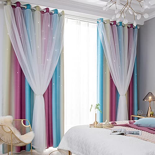 iyoimono 2er Set Vorhänge Sternen Mädchen Verdunkelung Voile Gardinen mit Ösen Violett Gelb Blau Vorhänge Farbverlauf Blickdicht für Kinderzimmer Schlafzimmer Wohnzimmer 213 × 132cm (H × B) von iyoimono