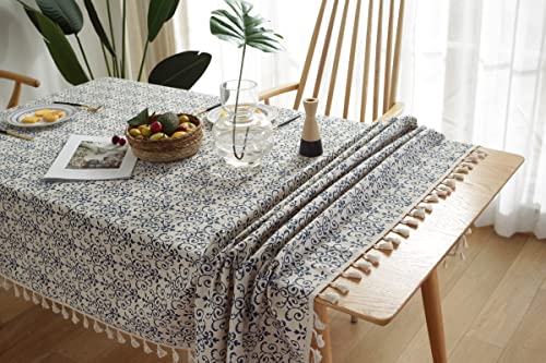 iyoimono Tischdecke Quaste Tischdecke Rechteckige Abwaschbar Baumwolle Leinen Tischtuch für Küche Esszimmer Picknick Tischdekoration Tischdecke Rechteck Couchtisch（100x140，Blau und weiß Seladon） von iyoimono