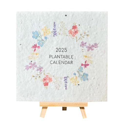 Pflanzbarer Samenkalender 2025, Kunstblumenkalender mit Staffelei, moderner grüner Kalender, Planer, Pflanzenkalender, Papierkalender für Büros, Schlafzimmer, Wohnzimmer, 14,5 x 12,5 x 3 cm von jamgeery