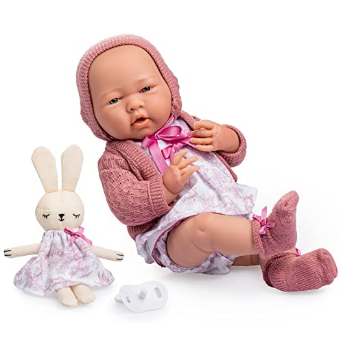 JC TOYS La Newborn Puppe für Neugeborene, 38 cm, aus weichem Vinyl, Kollektion Royal, Kleidung mit Zeichnung Toile de jouy, Schnuller und Plüsch, Mädchen, Rosa, entworfen in Spanien von Berenguer, 2 von jc toys