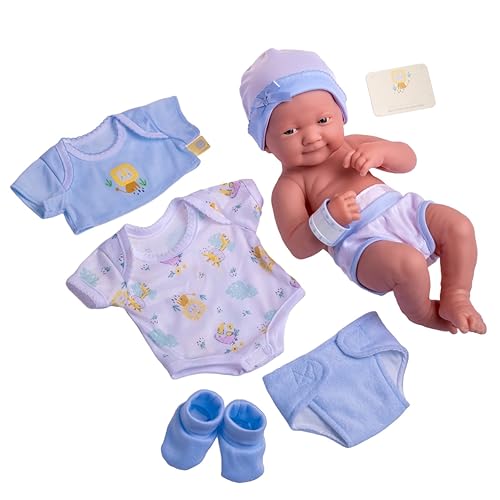 JC Toys- La Newborn Neugeborene Puppe, 38 cm, weiches Vinyl, mit Kleidung und 8 Accessoires, blau, entworfen in Spanien von Berenguer, 2 Jahre alt von jc toys