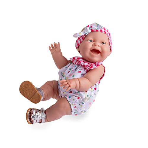 JC TOYS Lola Spring Picknick-Puppe, 36 cm, aus weichem Vinyl, lächelndes Gesicht, liegende Puppe, Kleidung Bedruckt Vichy und Blumen und Sandalen, Mädchen, 2 Jahre von jc toys