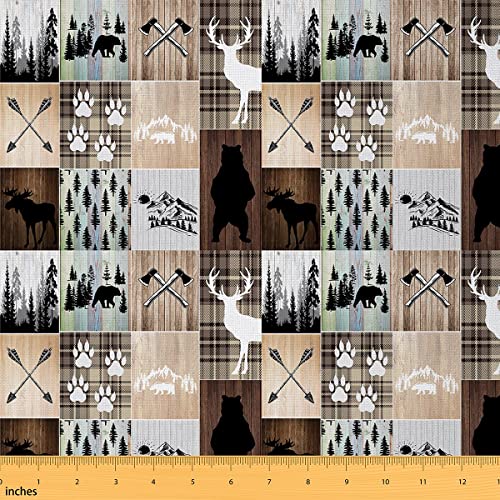 Farmhouse Bear Stoff by The Yard, Hütte Holzmaserung Elch Polsterstoff für Stühle, Reversible Wild Lodge Jagd Dekorativer wasserdichter Stoff für DIY Indoor und Outdoor Projekte, 1 Yard von jejeloiu