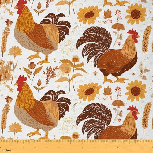 Jejeloiu Hühnerstoff von The Yard Cute Farm Animal Waterproof Fabric Rustic Farm Huhn Rooster Farmhouse Cartoon Animals Theme Polsterstoff für Stühle 2,7 m Gelbe Blume Stoff von jejeloiu