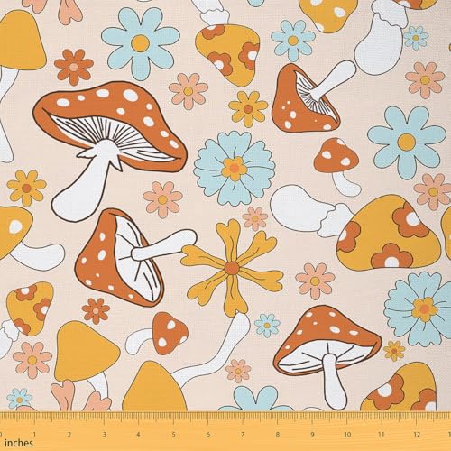 Jejeloiu Retro Hippie Flower Fabric by The Yard 2 Yards Cute Pilz Polsterstoff für Stühle 60er 70er Jahre Groovy Vintage Boho Floral Botanical Wasserdicht Outdoor Stoff Orange Outdoor Stoff von jejeloiu