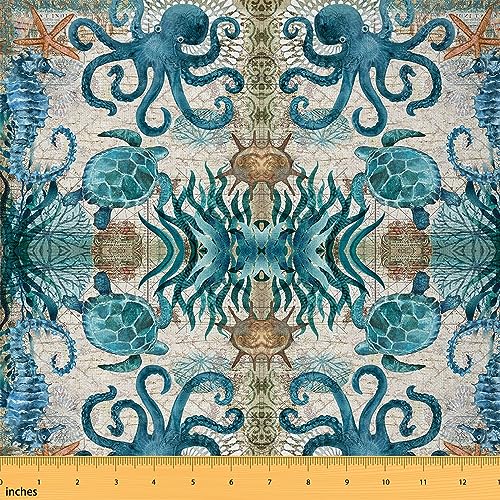 Kinder Octopus Stoff by The Yard 2 Yards Ocean Kraken Print Polsterstoff für Stühle für Jungen Mädchen Meeresschildkröte Dekorativer wasserdichter Outdoor-Stoff Ozean Marine Thema Outdoor Stoff von jejeloiu