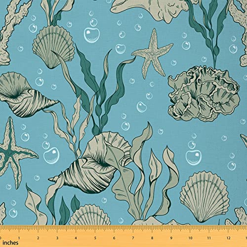 jejeloiu Ocean Shell Stoff by The Yard, Sea Underwater World Polsterstoff für Stühle, Seestern Sealife Dekorativer wasserdichter Outdoor-Stoff, 2 Yards, Blaugrün von jejeloiu