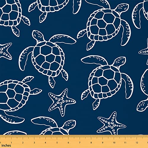 jejeloiu Sea Turtle Fabric by The Yard, Ocean Seestern Polsterstoff für Stühle, niedlicher nautischer Meeresbewohner, dekorativer wasserdichter Outdoor-Stoff, 2 Yards, blau-weiß von jejeloiu