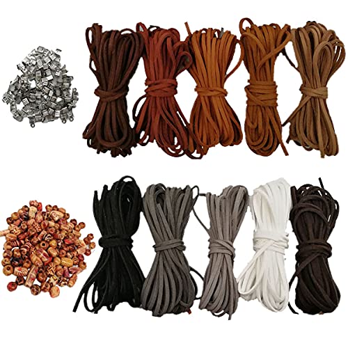 10 Stück 5M*3mm Lederschnur Lederband+100pcs Schnurenden+100pcs Holzperlen Wildleder Schnur Faux Veloursleder Braun Schwarz flach Lederbänder für Halskette Armbänder Traumfänger DIY Schmuck Handwerk von jenich