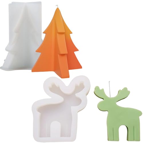 2 Stück Weihnachten Silikonform Kerzen Gießform 3D Weihnachten Weihnachtsbaum Elch Kerzengießform Weihnacht DIY Silikonform Kerzenform Gießform Silikon Kerzenform für Kerzenherstellung von jenich