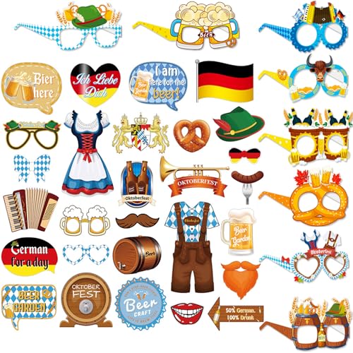 37Pcs Oktoberfest Foto Requisiten Oktoberfest Accessoires Fotorequisiten Bayern Photo Booth Props Oktoberfest Partybrille Deko Lustige Bayrische Hut Brezel Dirndl Bier Lebkuchenherzen Requisiten von jenich