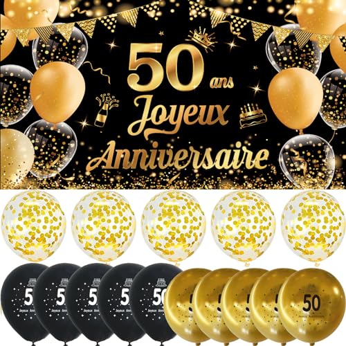 50 Geburtstag Party Dekoration 110 * 180cm Geburtstag Hintergrund Banner 50 Jahre Geburtstagsbanner mit 15 Stück Ballons Happy Birthday Banner Schild Poster Geburtstagsdeko Schwarz Gold von jenich