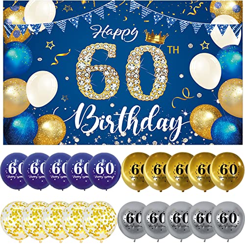 60 Geburtstag Deko Banner Männer Geburtstagsbanner 60 Jahre Blau Gold 60 Geburtstag Banner Happy Birthday Banner 60.Geburtstagsbanner Hintergrund Banner 110 * 180cm für 60. Geburtstagsfeier von jenich