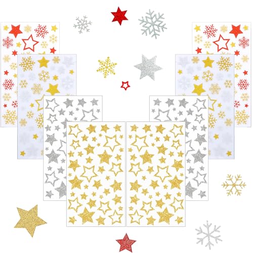 8 Blätter Stern Aufkleber Glitzer Stern Sticker Gold Silber Rot Weihnachtssticker Weihnachtsaufkleber Selbstklebend Xmas Aufkleber zum Basteln DIY Geschenke Deko für Weihnachten von jenich