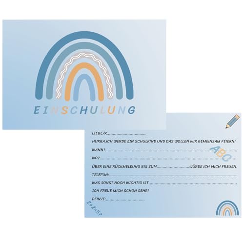 12er Set Einschulung Einladungskarten Junge Einschulung Karten Einschulung Einladungen Blau Regenbogen Design Karte zur Einschulung zum Schulanfang Schulbeginn Schulkind von jenich