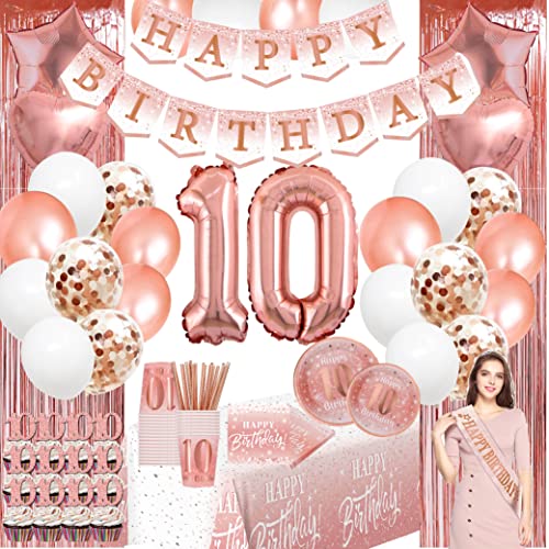 Dekoration zum 10. Geburtstag für Mädchen – insgesamt 166 Stück) rotgoldenes Banner, Folienhintergründe, Luftballons, Teller und Servietten, Tassen, Cupcake-Topper, Strohhalme, Tischdecke für 24 Gäste von jenlion