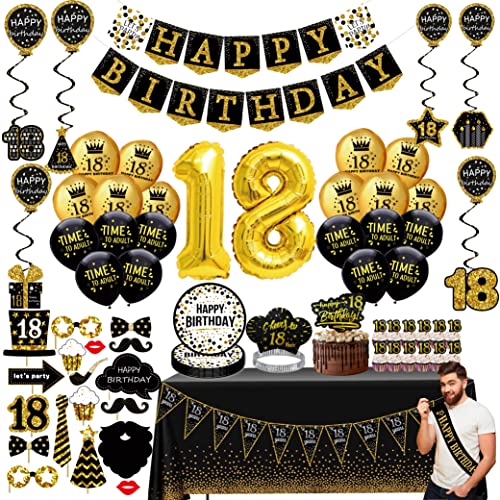 Dekorationen zum 18. Geburtstag für Jungen und Mädchen, (76 Stück) schwarz-goldene Party-Banner, Wimpel, hängende Wirbel, Geburtstagsballons, Tischdecken, Cupcake-Topper, Krone, Foto-Requisiten, von jenlion