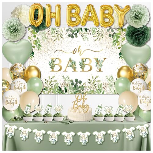 Salbeigrüne Babyparty-Dekoration für Mädchen und Jungen, neutrale Babyparty-Dekoration, Oh Baby-Hintergrund, OH Baby-Ballon, Papierblumenball, Tischdecken von jenlion