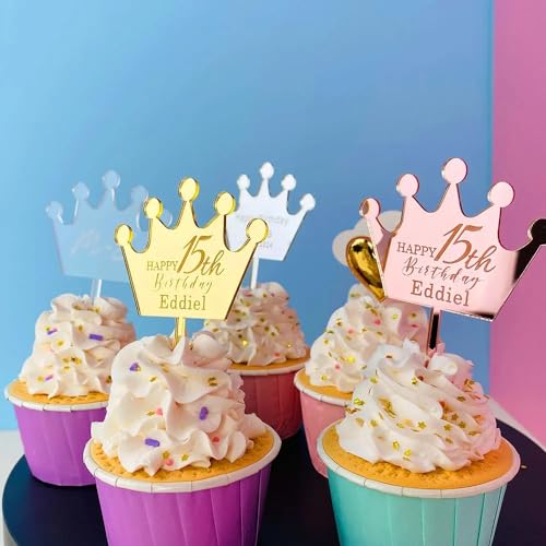 Cupcake-Topper mit personalisierbarem Namen, personalisierte Krone, Cupcake-Topper, Kuchenanhänger, individuelle Dekoration für Hochzeit, Geburtstag, Dusche (30 Stück) von jfs