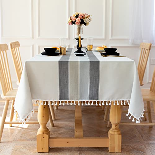 jia cool Abwaschbare Tischdecke aus Baumwollleinen, knitterfrei, mit Quaste, ideal für länglichen Tisch, Küche, Esstisch-Dekoration (100 x 170 cm, gestreift, grau) von jia cool