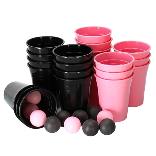 jiawaggag 22 Stück Beer Pong Becher 12 Ping Pong Bälle Satz Bierpong Becher Set Hartplastik Party Becher Set Wiederverwendbar 473ml Partybecher Schwarz Rosa Bierpong Bälle Für Freunde Familie Party von jiawaggag