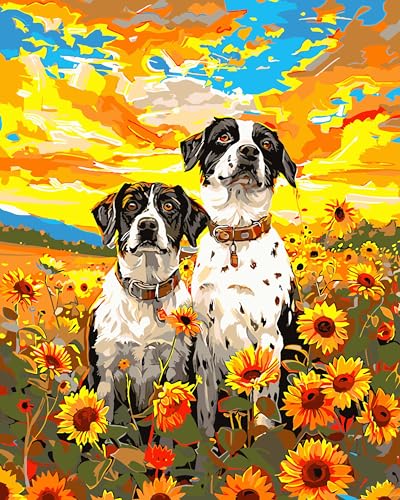 jieyisier Malen Nach Zahlen Erwachsene,DIY Handgemalt Ölgemälde Kit für Anfänger und Erwachsene Tiere Mit 3-Pinseln und Acrylfarbe, Hund und Sonnenblume bei Sonnenuntergang（Ohne Rahmen 40X50cm ） von jieyisier