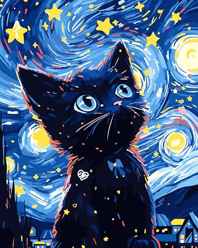 jieyisier Malen Nach Zahlen Erwachsene Katze, DIY Handgemalt Ölgemälde Tiere Leinwand, Abstrakter Starry Paint by Numbers Kits with 3 Pinseln für die Wanddekoration zu Hause 40 x 50 cm (Ohne Rahmen) von jieyisier