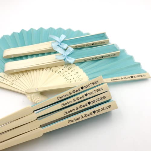 jifu Personalisierte Handfächer Fächer Handfächer mit Holzgriff Sommer Feste Party Hochzeit Hand Fan Saunafächer Fächer benutzerdefinierte Bräutigam & Braut Namen (Lake Blue,10pcs) von jifu