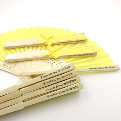 jifu Personalisierte Handfächer Fächer Handfächer mit Holzgriff Sommer Feste Party Hochzeit Hand Fan Saunafächer Fächer benutzerdefinierte Bräutigam & Braut Namen (Lemon Yellow,10pcs) von jifu