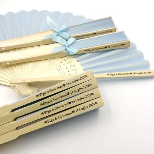 jifu Personalisierte Handfächer Fächer Handfächer mit Holzgriff Sommer Feste Party Hochzeit Hand Fan Saunafächer Fächer benutzerdefinierte Bräutigam & Braut Namen (Light Blue,30pcs) von jifu