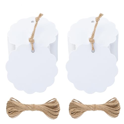 Anhänger Kraftpapier Geschenkanhänger Rund Etiketten 6cm, 100stk. mit Jute Schnur, für Hochzeitsgeschenke Weihnachtsgeschenke Partygeschenke (Weiß) von jijAcraft