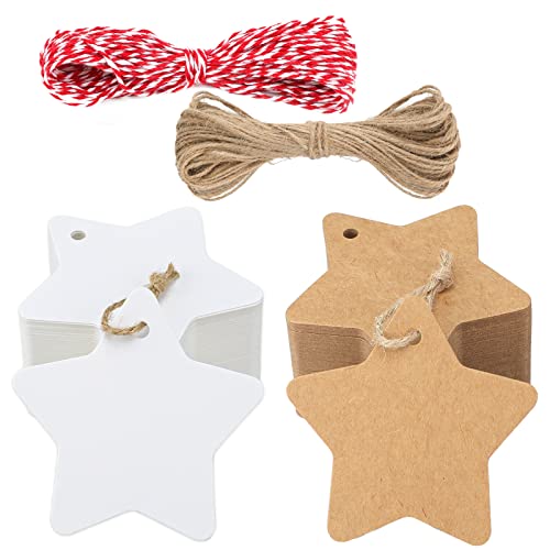 200 Stück Stern Geschenkanhänger Weihnachten Anhänger Kraftpapier Etiketten mit Jute-Schnur, für Weihnachtsgeschenke Dekoration (Braun + Weiß) von jijAcraft