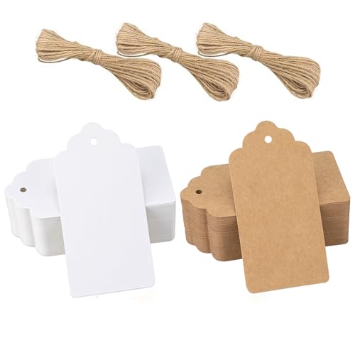 jijAcraft 200 Stück Geschenkanhänger, Groß Kraftpapier Anhänger Etiketten 5 x 10 CM, Anhängeetiketten mit Juteschnur, für Geschenkverpackung, Hochzeit, Lesezeichen, Weihnachten (Braun und Weiß) von jijAcraft