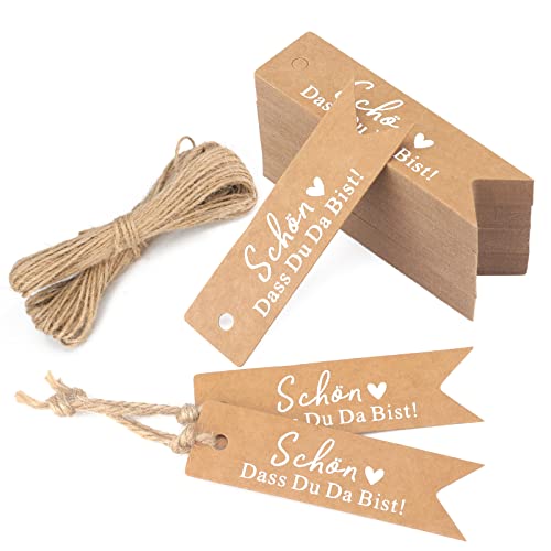 jijAcraft 100 Stück Geschenkanhänger SCHÖN DASS DU DA BIST Kraftpapier Anhänger Hochzeit 7 * 2CM mit Jute Schnur Hangtag Anhänger Etiketten Tags für Flohmarkt Verpackten Hochzeitsdeko DIY von jijAcraft