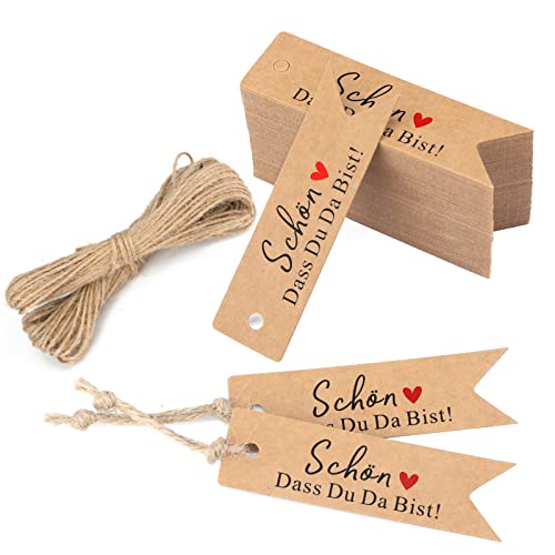 jijAcraft 100 Stück Geschenkanhänger SCHÖN DASS DU DA BIST Kraftpapier Anhänger Hochzeit 7 * 2CM mit Jute Schnur Hangtag Anhänger Etiketten Tags für Flohmarkt Verpackten Hochzeitsdeko DIY von jijAcraft