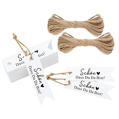 jijAcraft 100 Stück Geschenkanhänger SCHÖN DASS DU DA BIST Kraftpapier Anhänger Hochzeit - 7 * 2CM mit Jute Schnur Hangtag Anhänger Etiketten Tags - für Hochzeitsdeko DIY von jijAcraft