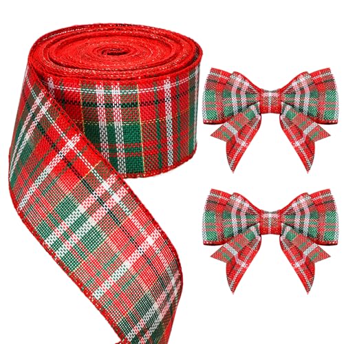 jijAcraft 10M Kariertes Sackleinen Band, Juteband Weihnachts Karoband 6 cm Breite, Rot-Grün Geschenkband Weihnachtlichen, Verdrahtet Plaid Bänder für DIY Basteln, Geschenk Verpackung, Bögen, Baumdeko von jijAcraft