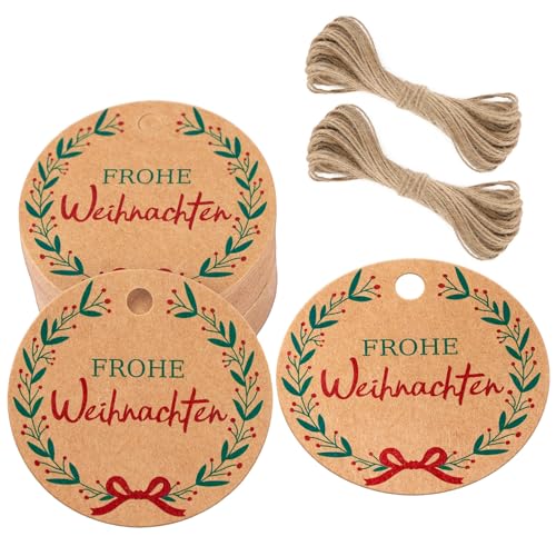 jijAcraft Frohe Weihnachten Anhänger, 100 Stück Geschenkanhänger Weihnachten, Rund Kraftpapier Etiketten Braun 5 cm Papieranhänger zum für Adventskalende DIY Weihnachten Deko Geschenke Verpackung von jijAcraft