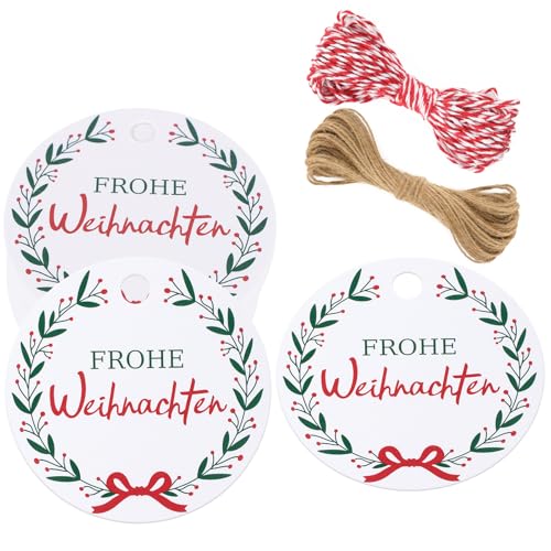 jijAcraft Frohe Weihnachten Anhänger, 100 Stück Geschenkanhänger Weihnachten, Rund Kraftpapier Etiketten Weiß 5 cm Papieranhänger zum für Adventskalende DIY Weihnachten Deko Geschenke Verpackung von jijAcraft