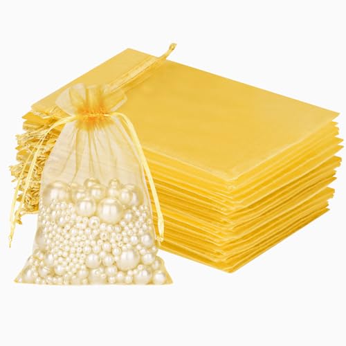 jijAcraft Organzasäckchen Hochzeit Gold Organza Beutel 10 * 15CM, 50 Stück mit Kordelzug, Bonbons Geschenk Schmuckbeutel, Geschenktüten für Hochzeiten von jijAcraft