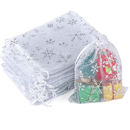 jijAcraft Organzasäckchen Weihnachten Groß, Weihnachten Organza Beutel 13 x 18 CM Weiß, 50 Stück Schneeflocke Organza Beutelchen mit Kordelzug, Bonbons Geschenk Schmuckbeutel von jijAcraft