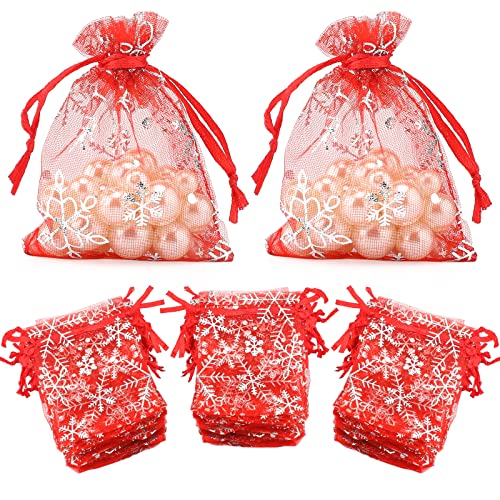 jijAcraft Organzasäckchen Weihnachten Rot, 7 x 9 cm kleine Organzabeutel, 100 Stück Schneeflocke Organza Beutelchen mit Kordelzug für Bonbons Geschenk Schmuckbeutel von jijAcraft