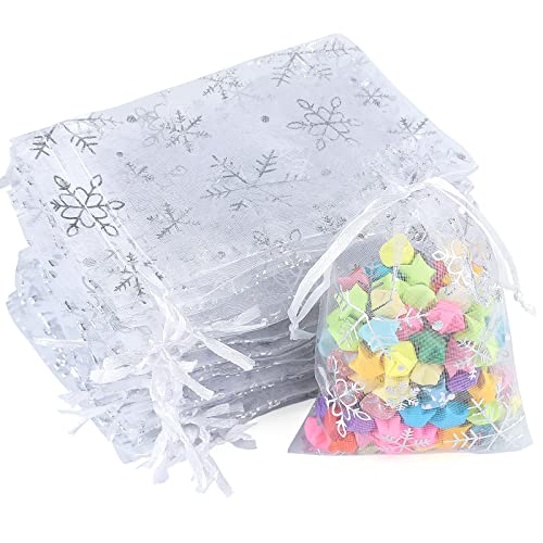 jijAcraft Organzasäckchen Weihnachten Weiß, Weihnachten Organza Beutel 10 x 15 CM, 50 Stück Schneeflocke Organza Beutelchen mit Kordelzug, Bonbons Geschenk Schmuckbeutel von jijAcraft