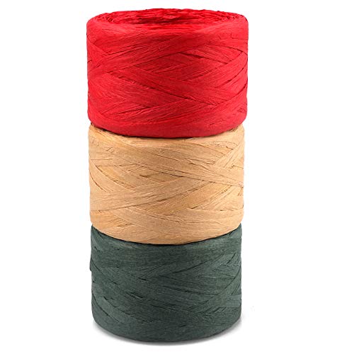 jijAcraft Raffiabast Papierband 200M, Bast Papier Geschenkband 3 Rollen Bast Raffia Natur Papier Schnur für Geschenkverpackung, Weben, DIY Handwerk Dekoration (Rot-Grün-Braun) von jijAcraft