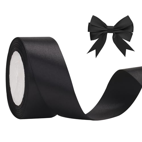 jijAcraft Satinband Schwarz 40mm Schleifenband Dekoration Hochzeit Weihnachten, 22m Halloween Dekoband Schwarz, Geschenkband Schwarz für Weihnachten, Taufe, Hochzeit, Geschenkverpackung von jijAcraft