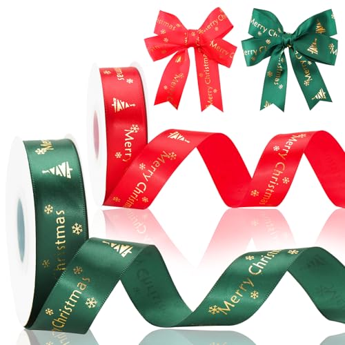 jijAcraft Satinband Weihnachten 25mm, Rot und Grün Weihnachtsband mit Weihnachtsbaummuster, 44m Geschenkband Merry Christmas Stoffband – für Weihnachten, Dekoration und Geschenkverpackung von jijAcraft