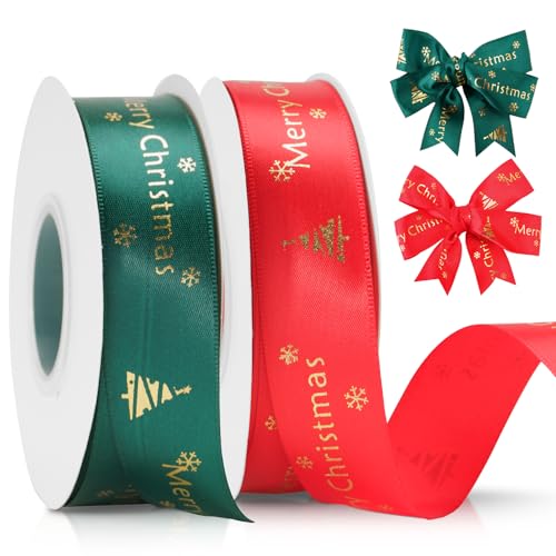 jijAcraft Satinband Weihnachten 25mm, Rot und Grün Weihnachtsband mit Weihnachtsbaummuster, 44m Geschenkband Merry Christmas Stoffband – für Weihnachten, Dekoration und Geschenkverpackung von jijAcraft