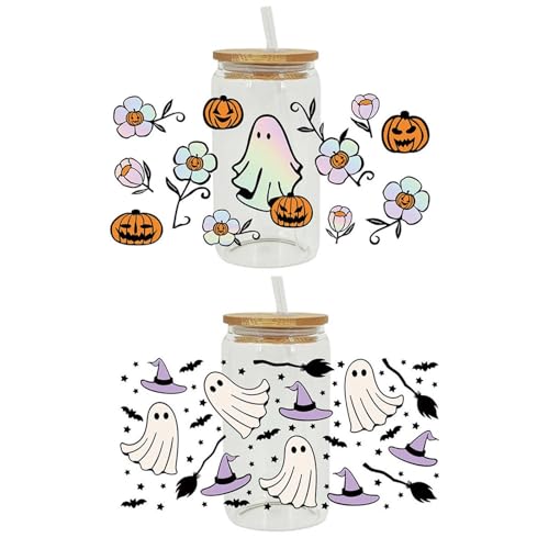 Halloween UV DTF Cup Wrap Transfer für Glas, Ghost Uvdtf Transferaufkleber für 473 ml, wasserdichte Reiben auf Transfers Cup Aufkleber zum Basteln, 2 Stück Halloween Aufkleber von jileijar