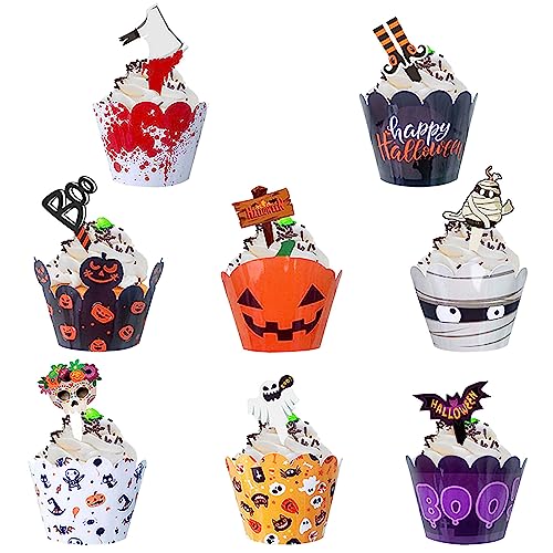 jiuzcare Halloween Cupcake Toppers 48PCS Kuchendekoration Cupcake Toppers Thanksgiving Halloween Cupcake Wrapper Topper Party Dekoration Muffin Papier Cake Topper Geburtstag Kürbisse, Ghost Kartuschen von jiuzcare