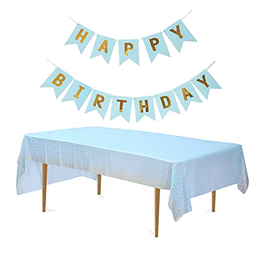 jiuzcare Party Tischdecken mit Gold Dot 137 * 274cm Rechteck Tischtuch Plastik Tischdecken Wachstuch Tischdecke Abwaschbar mit Happy Birthday Banner Party Picknick Hochzeiten Geburtstag, Blau von jiuzcare